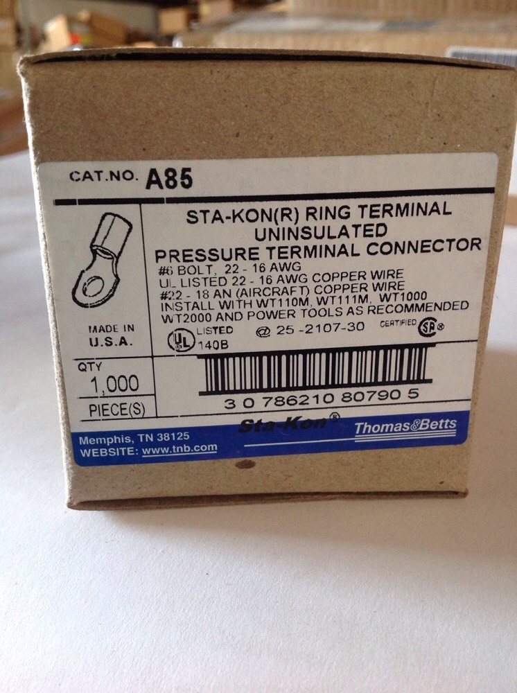 Thomas & Betts A85 Terminal Lugs 1000 Per Box