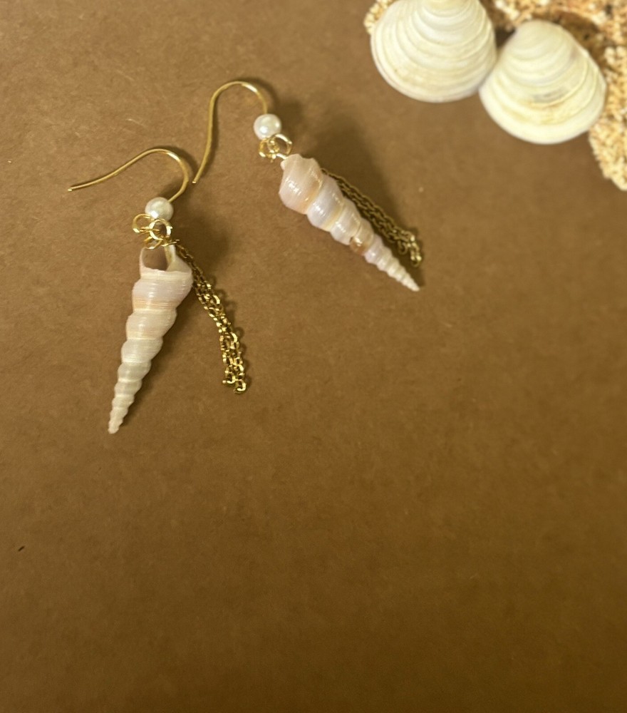 Seashell Dangle Earrings Auger Shell With Pearl Chains Hooks Are Stainless Steel