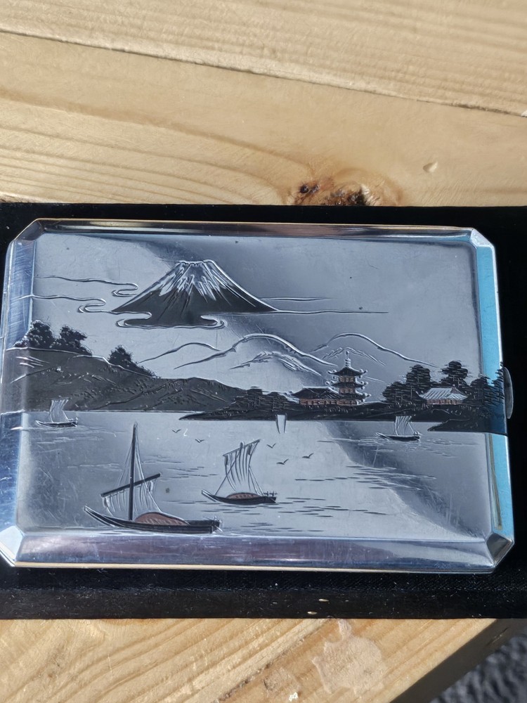 Beautiful 950 Solid Silver Japanese Niello Cigarette Case Signed & 950 Silver