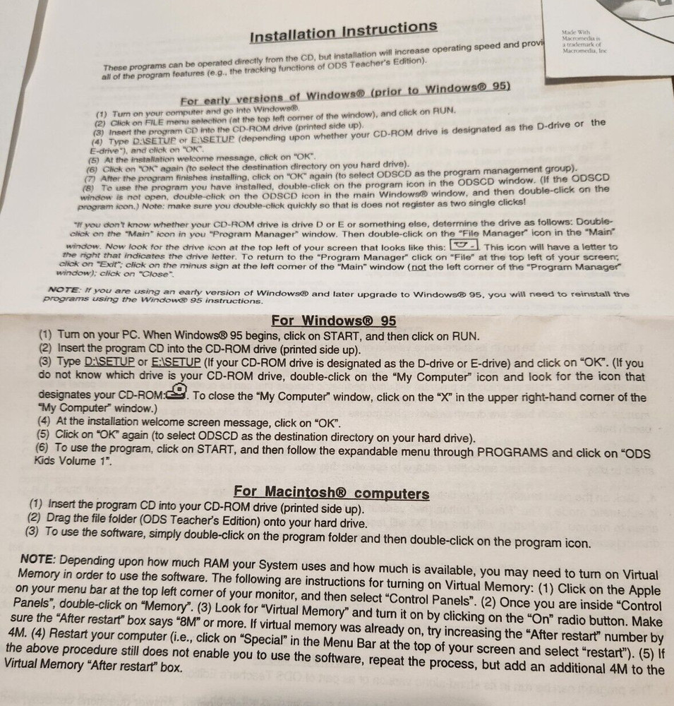 1997 Macromedia Ohio Distinctive Software Volume 1 Computer Program w/ Paperwork