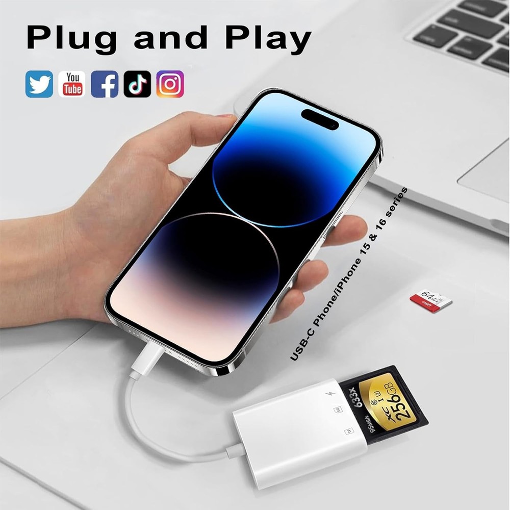 USB C SD Card Reader for iPhone 16/15 Pro Max/Plus, SD/TF+Charging, White