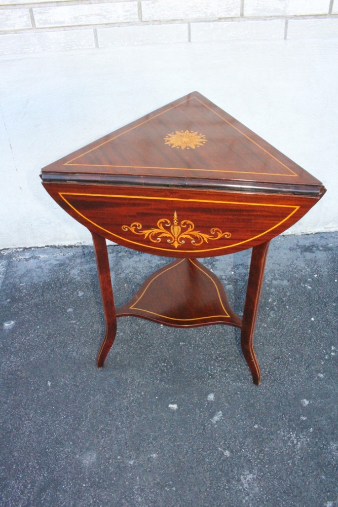 Spectacular Inlaid Triangular Drop Leaf Side End Accent Occasional Table
