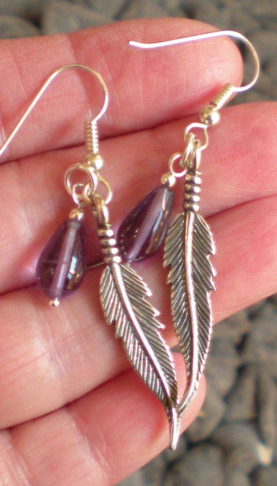 Amethyst Sterling Silver Feather Earrings e167