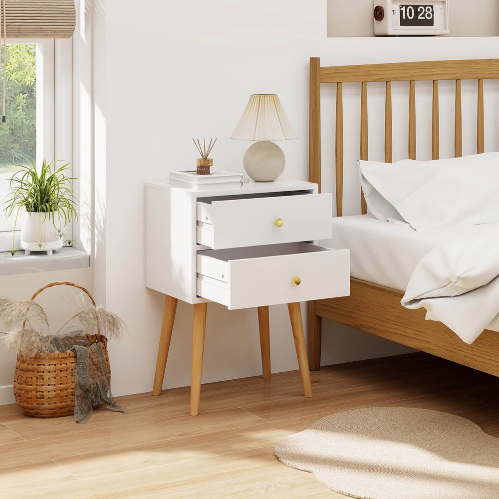 Costway 2PC Modern 2 Drawers Nightstand Sofa Side Table End Table Elegant White
