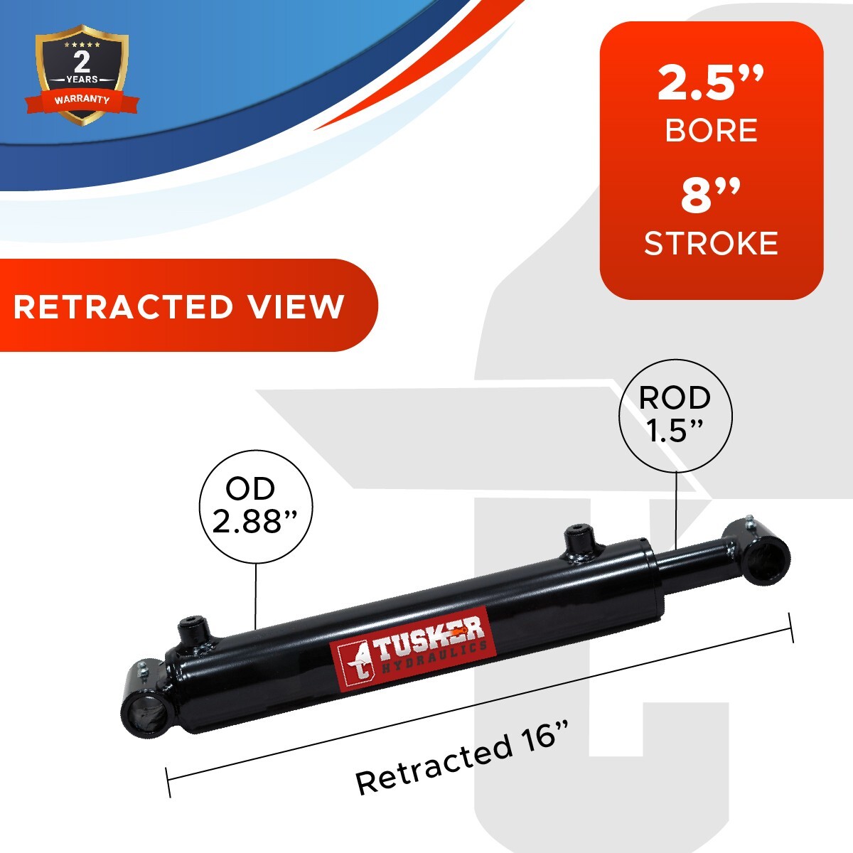 2.5x8 Hydraulic Cylinder 2.5" Bore 8" Stroke Double Acting Welded Cross Tube