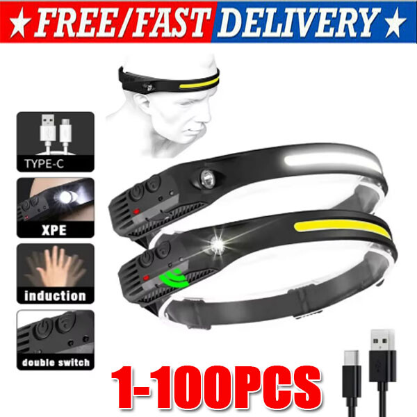 COB LED Headlamp USB Rechargeable Headlight Torch Work Light Bar Head Band Lamp