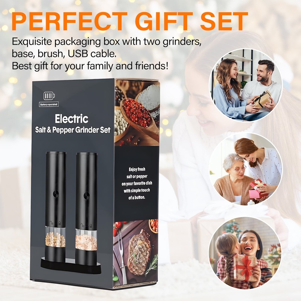 Electric Salt and Pepper Grinder Set, Automatic, Adjustable, Gift, 2 Pack