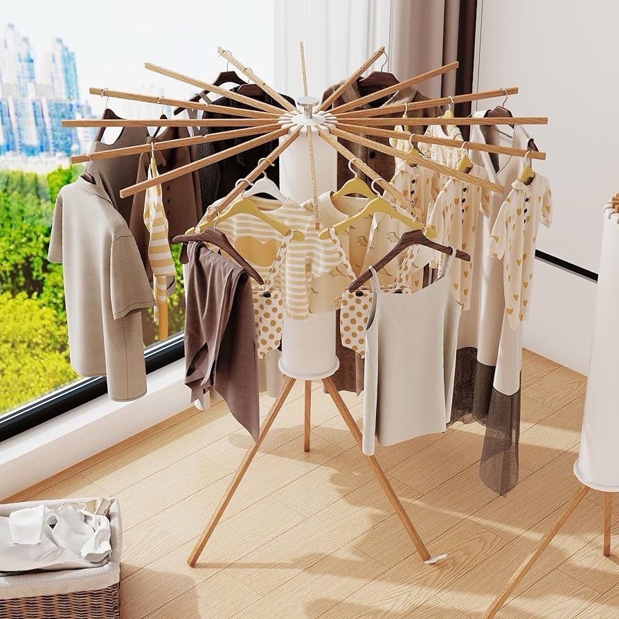Umbrella-Shaped Large Capacity Foldable Clothes Drying Rack Beech Wood