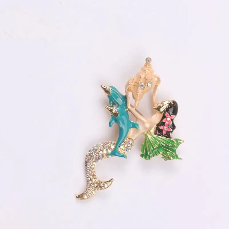 High-End Mermaid Colorful Rhinestone Conch Fairy Brooch