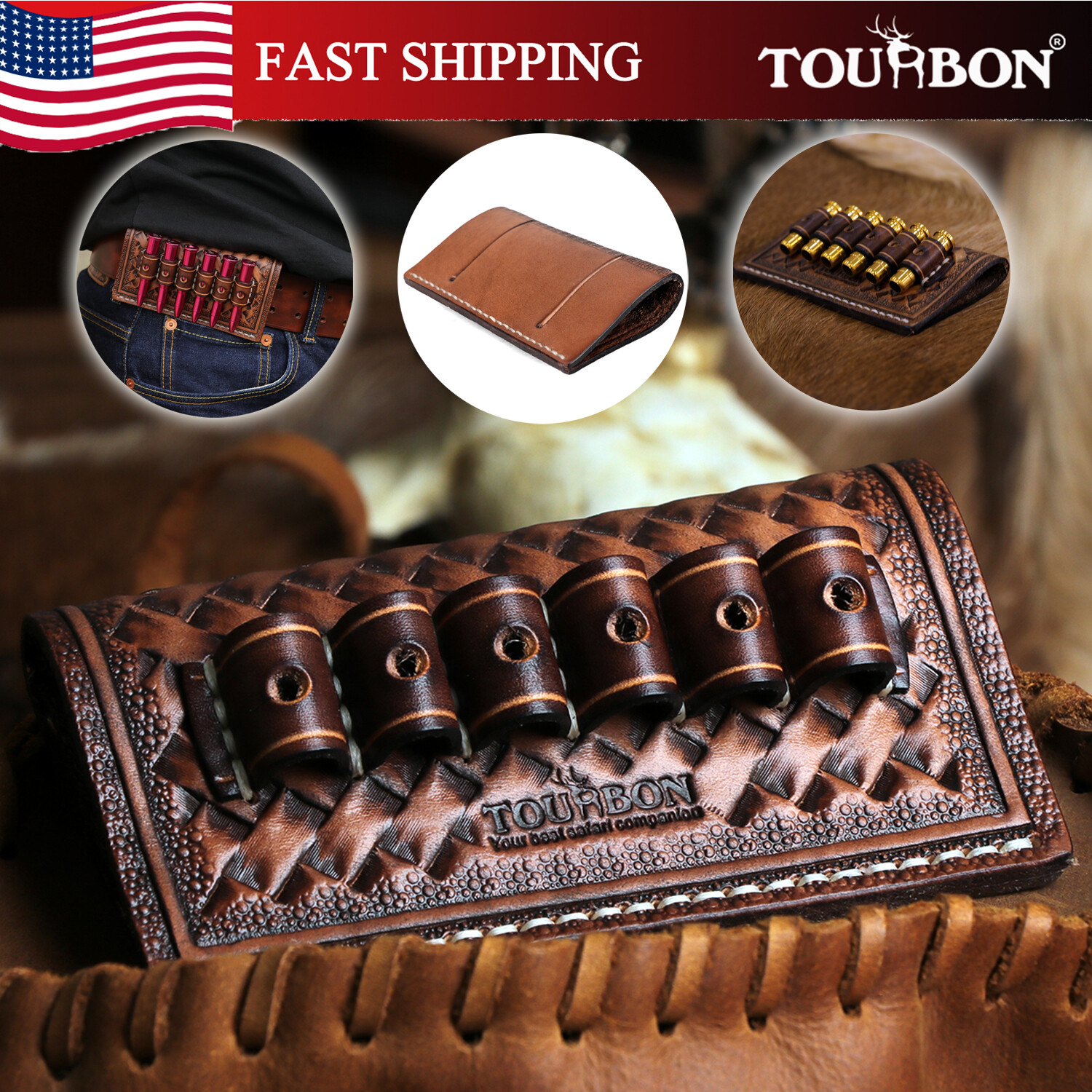 TOURBON 6 Rounds Leather .38/.357/44 Mag Rifle Ammo Belt Holster Slide Gift US