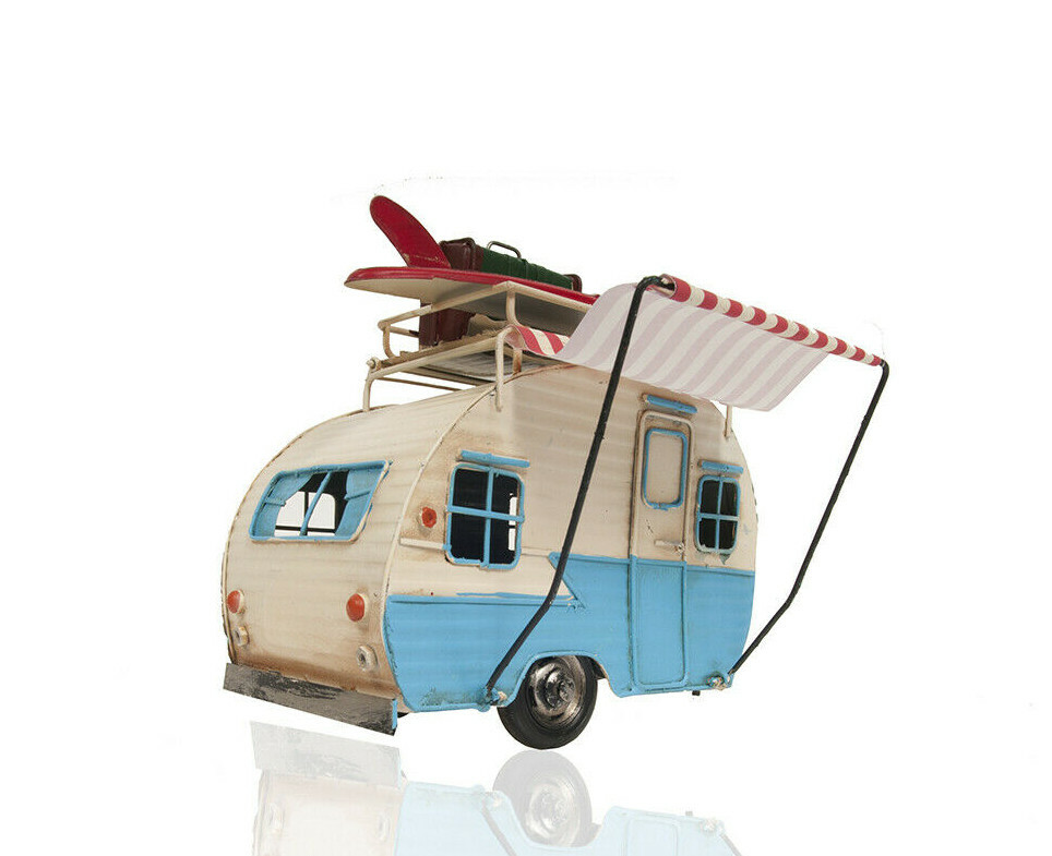 1960s Travel Camping Trailer Metal Model 9" Camper w/ Piggy Bank & Photo Frame