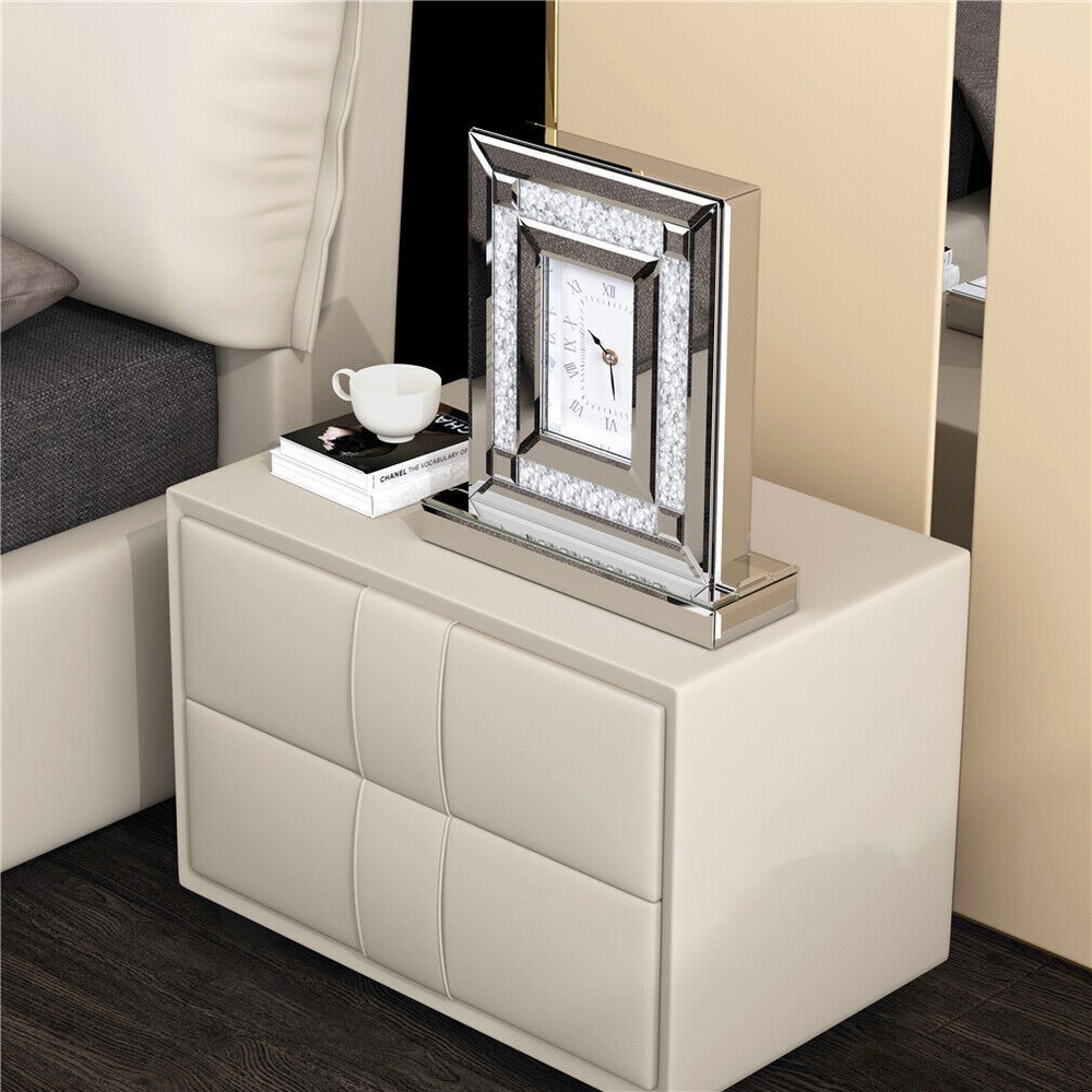Polished Silver Table Desktop Clock Crush Diamond Surrounded Fireplace Ornaments