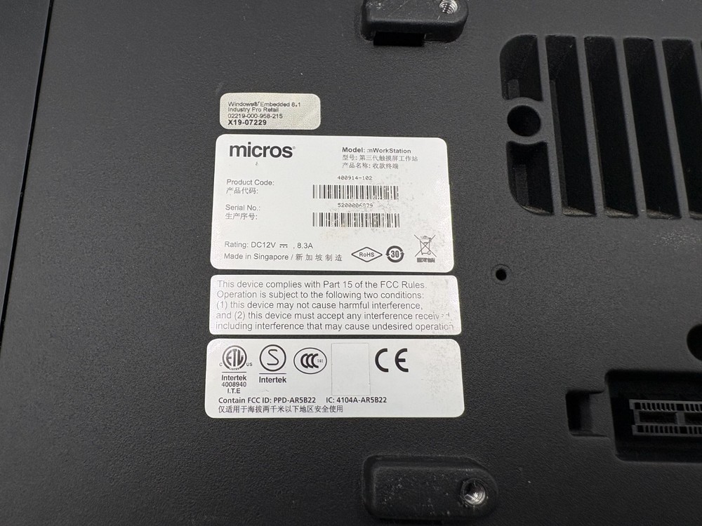 Micros Oracle mWorkstation Intel Atom E3827 15.6" POS Tablet Computer Win 8.1 :B