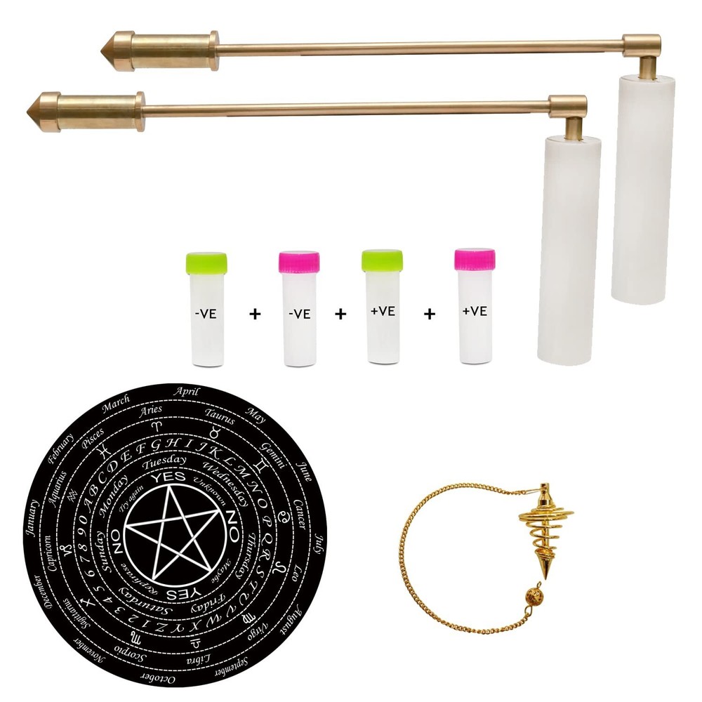 Full Brass Dowsing L Rods Pair WHITE PLASTIC HANDLE with (Pendulum Board,Pendul
