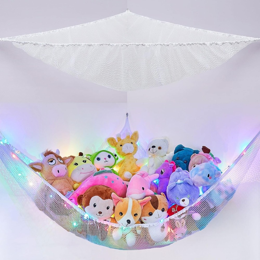 Triangular LED Toy Storage Hammock for Stuffed Animals - Space-Saving Corner Net
