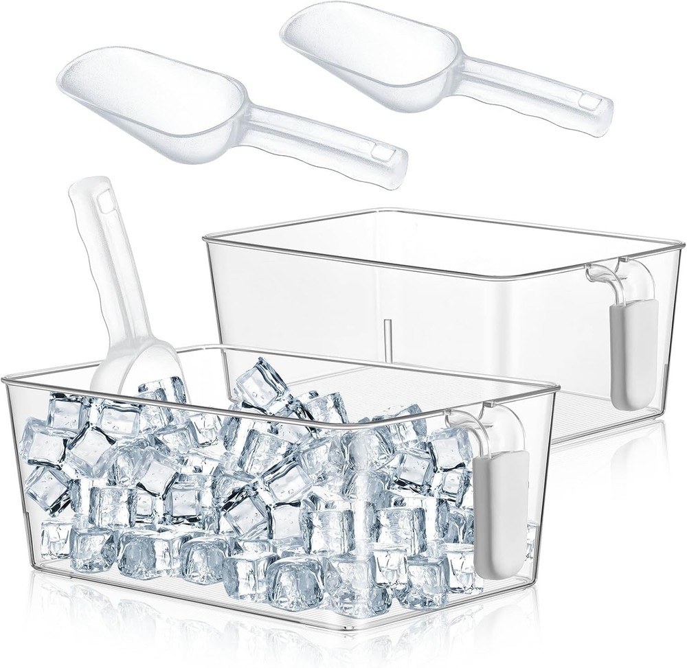 2 Set Ice Storage Bin & Flexible Scoop Set Plastic Freezer Bin W/ Pull out
