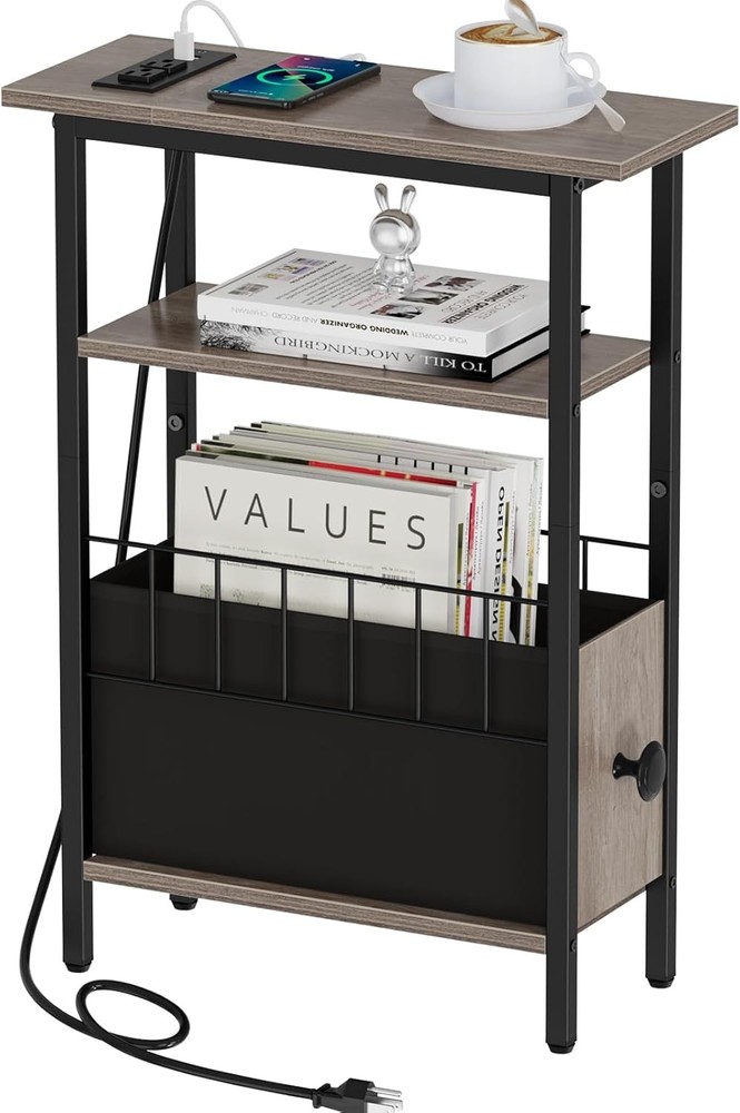 Snughome Narrow Side Table with Charging Station, Slim End for Grey