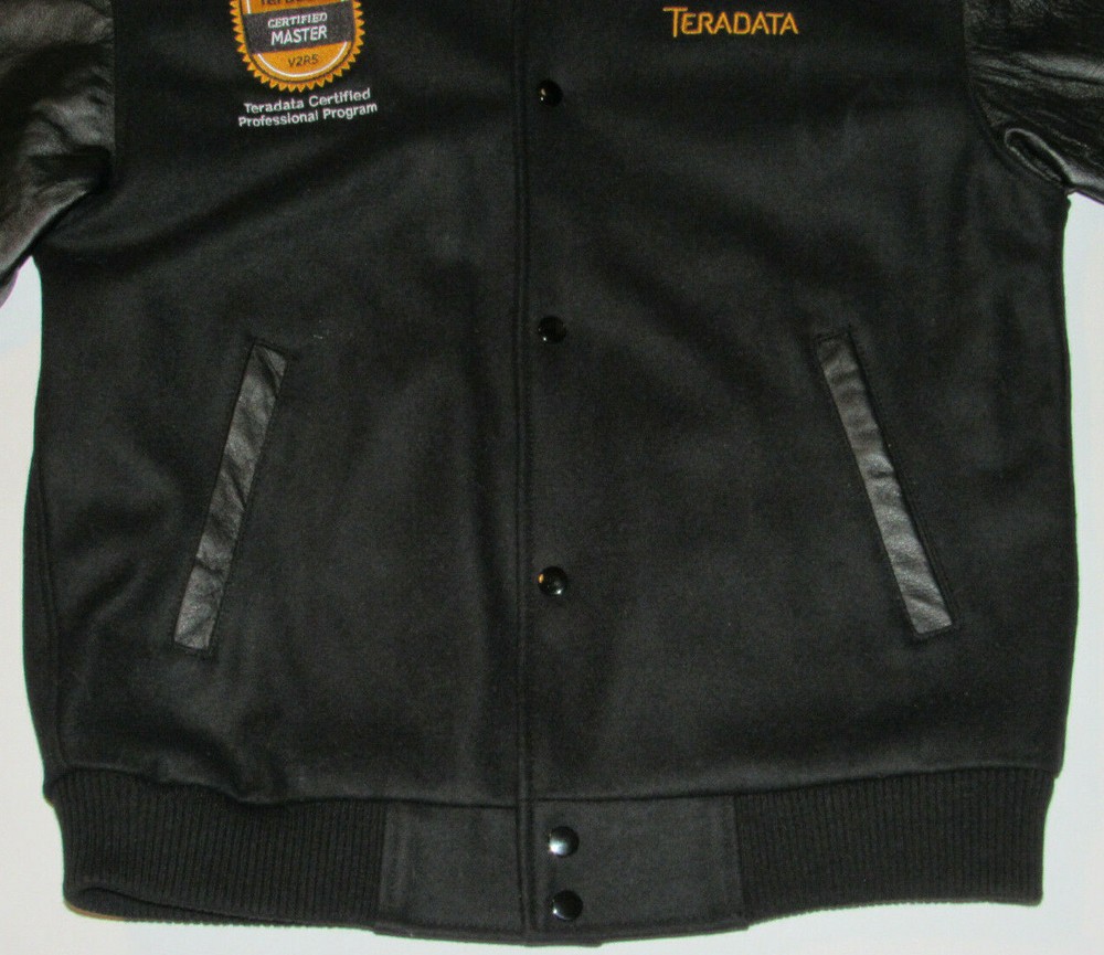 TERADATA 'CERTIFIED MASTER' BLACK WOOL VARSITY JACKET! LEATHER SLEEVES! NWT! S