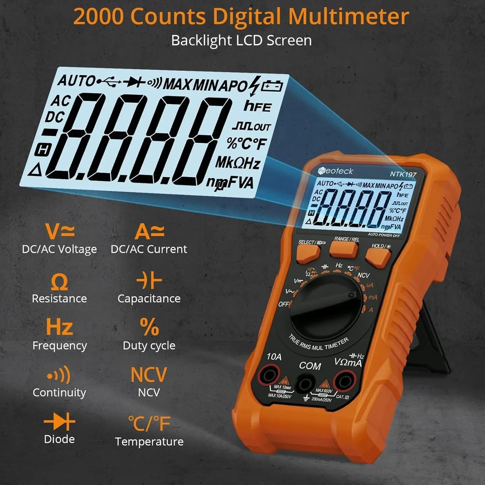 True RMS Digital Multimeter 2000 Counts AC/DC Voltage Current Resistance