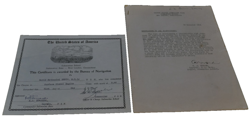 WWII USN Navy Submarine Base Documents 'CMM David ENNIS' SS-220 USS Barb Service