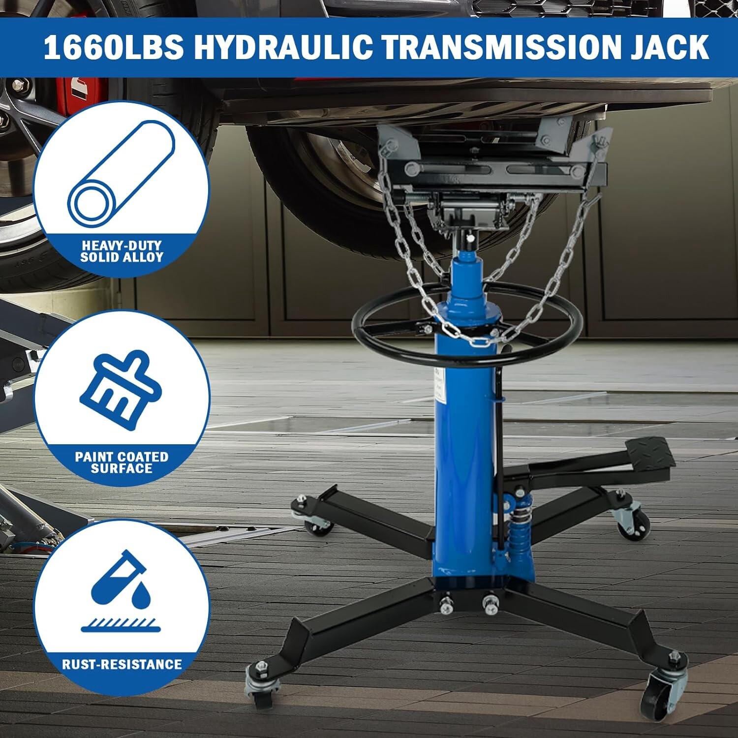 1660 LBS 2 Stage Hydraulic Transmission Jack w/360°Swivel Wheel Lift Hoist