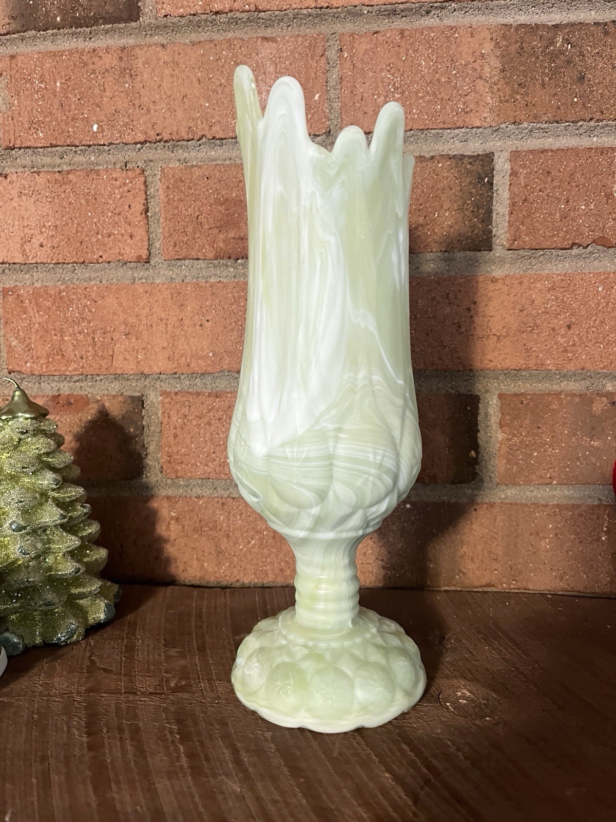 Kanawha Moon And Stars Green Slag Glass Swung Vase End Of Day ~ Rare