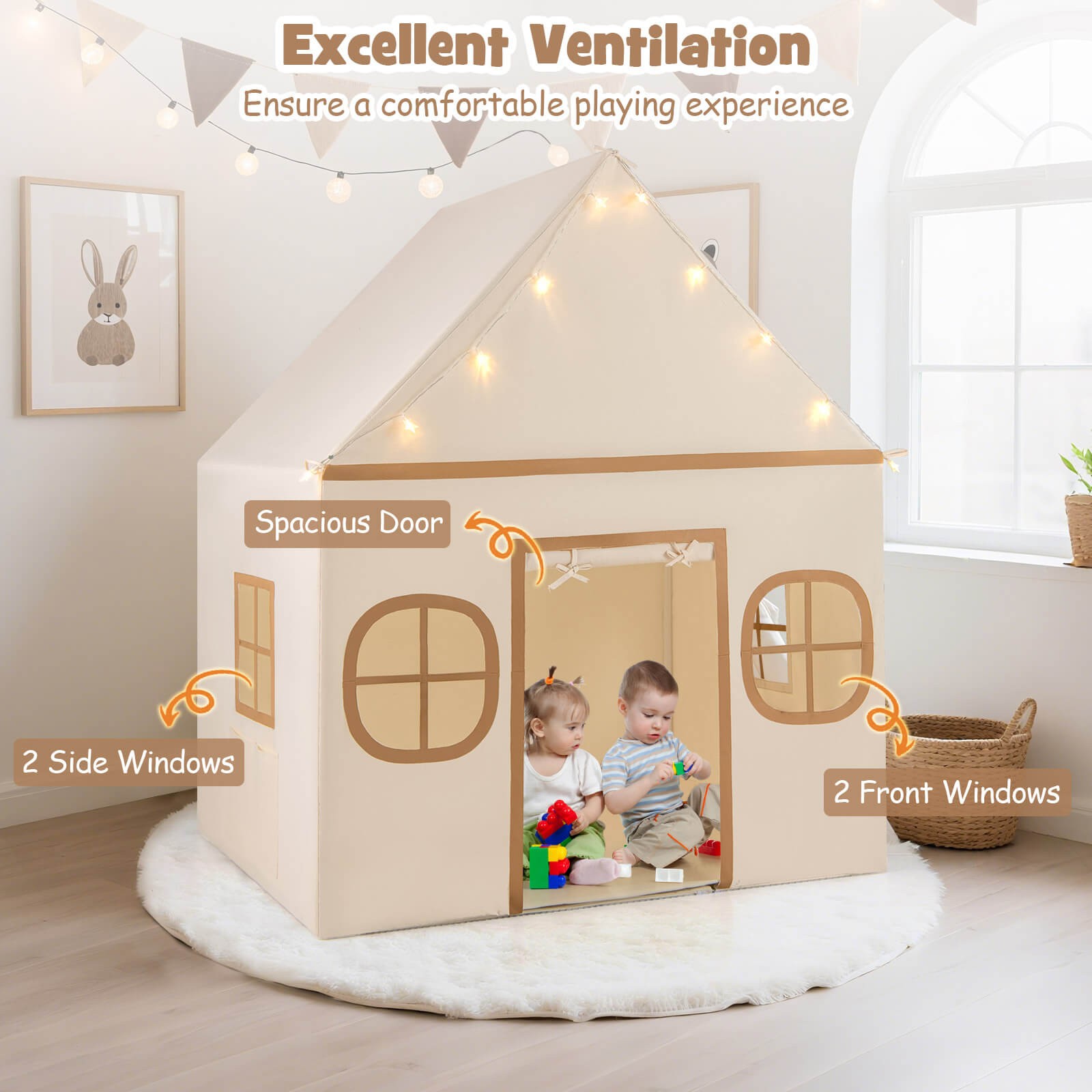 Kids Play Tent with Padded Mat, Star Lights, Side Storage Bags, Door & Windows