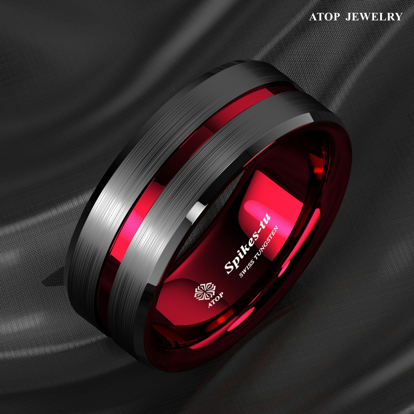 8/6mm Black Tungsten Carbide Thin Red Line Wedding Band Ring ATOP Men's Jewelry