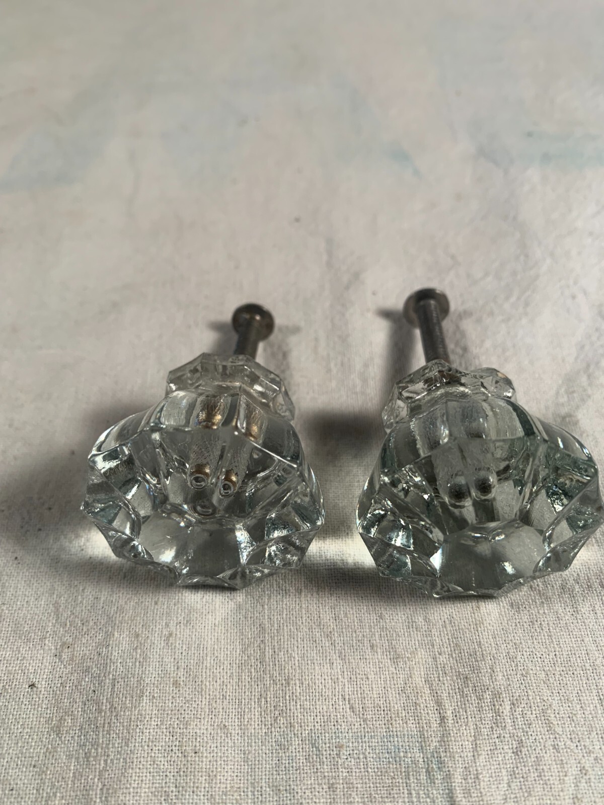 Vintage pair Glass0 Faceted Knobs 1&1/2in wide complete w/ mounting Bolt c1890s
