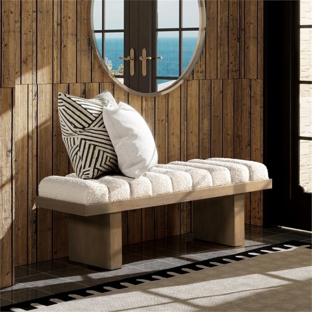 Bella 52" Upholstered Modern Accent Bench Ivory White Boucle
