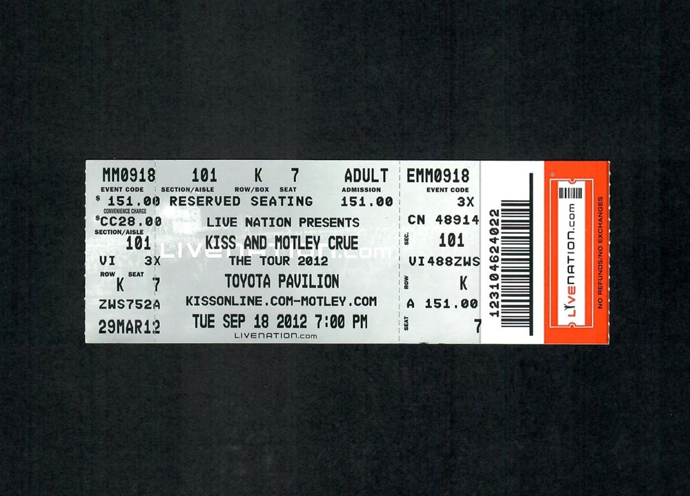 KISS & Motley Crue Full Ticket Stub 2012 The Tour Toyota Scranton PA w/ Confetti