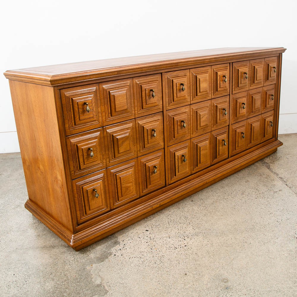 Mid Century Modern Credenza Server Buffet Stanley Oak 9 Drawers Cabinet 1970s
