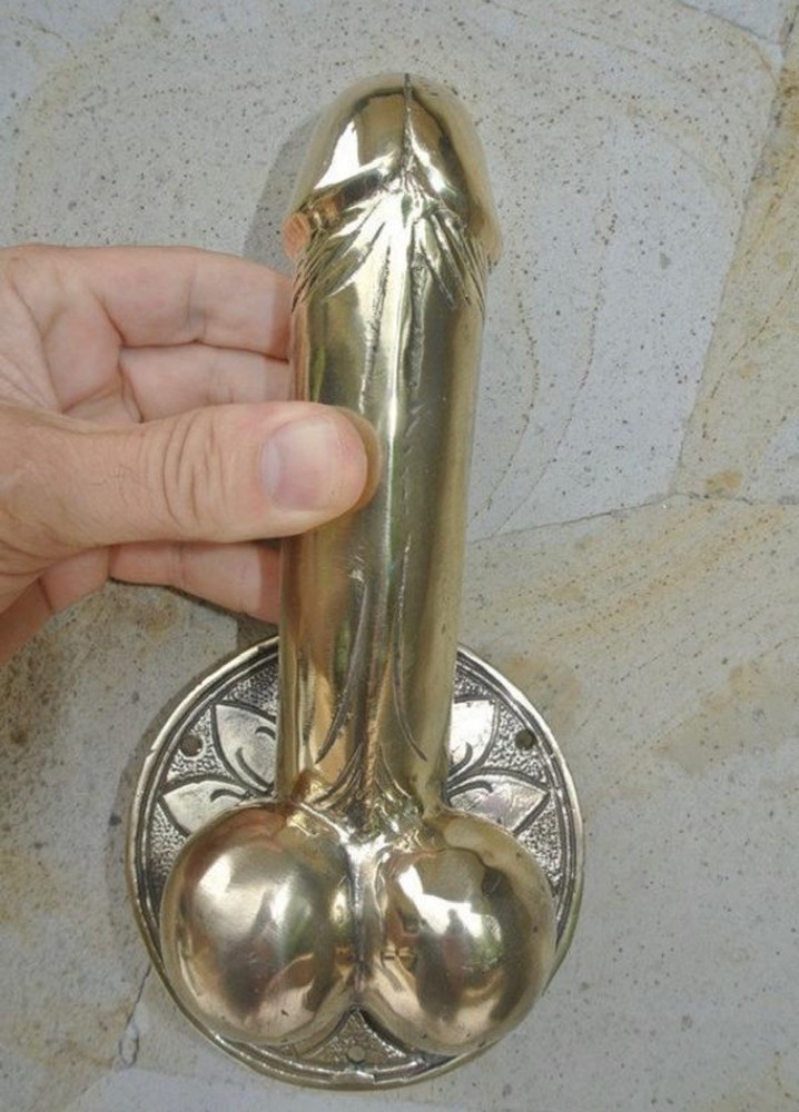 2 large version PENIS erect DOOR PULL HOOK heavy aged brass 9 " handle hand made
