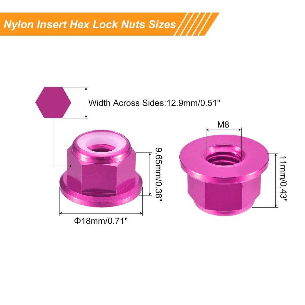 Nylon Insert Hex Lock Nuts, 8pcs - M8x1.25mm Self-Locking Nut(Pink)