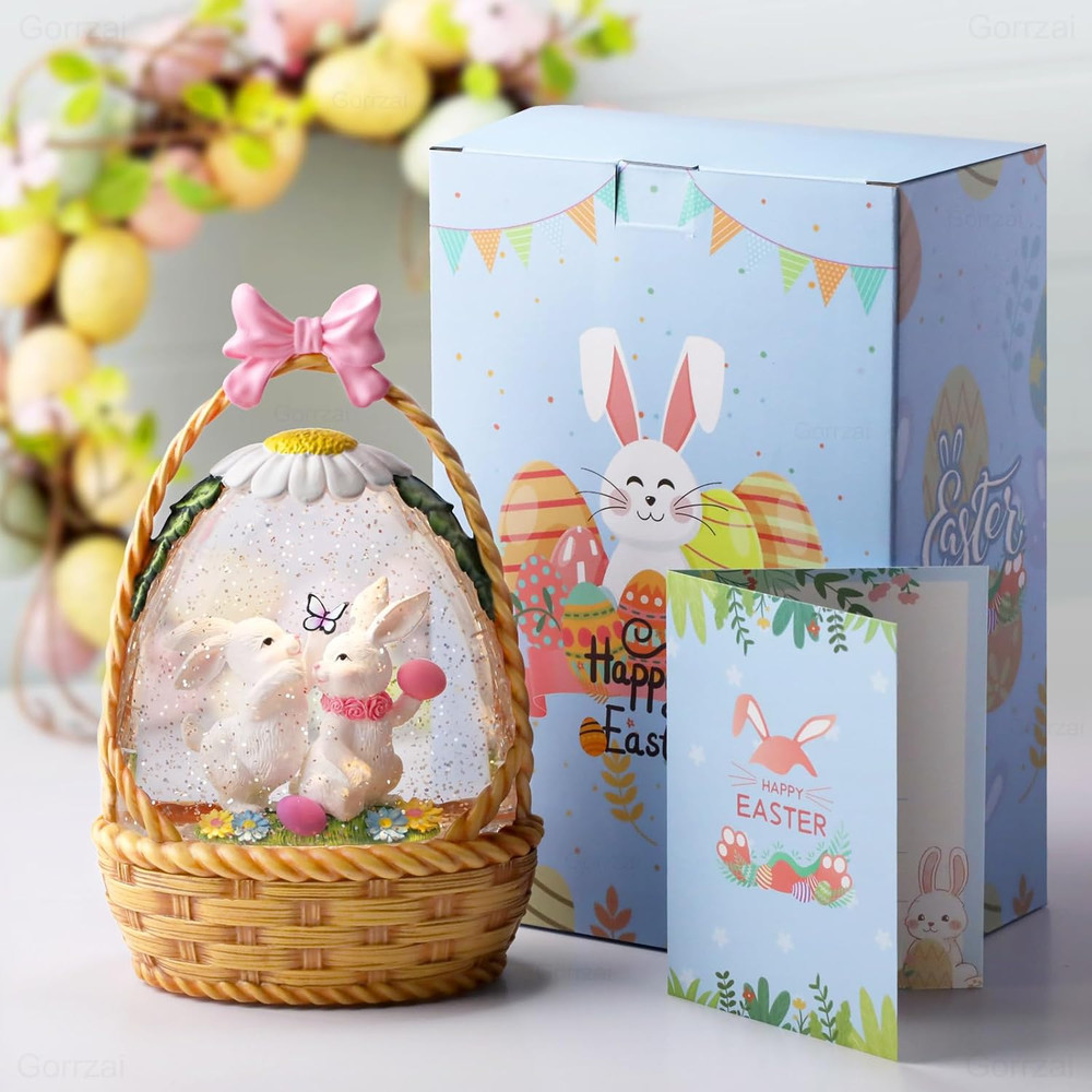 Easter Snow Globe Lantern Lighted Easter Bunny Eggs USB Battery Timer Glitter