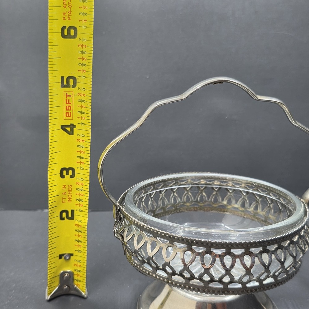 Sheffield Silver-plate Serving Caddy Basket with 4" D Glass Insert Vintage