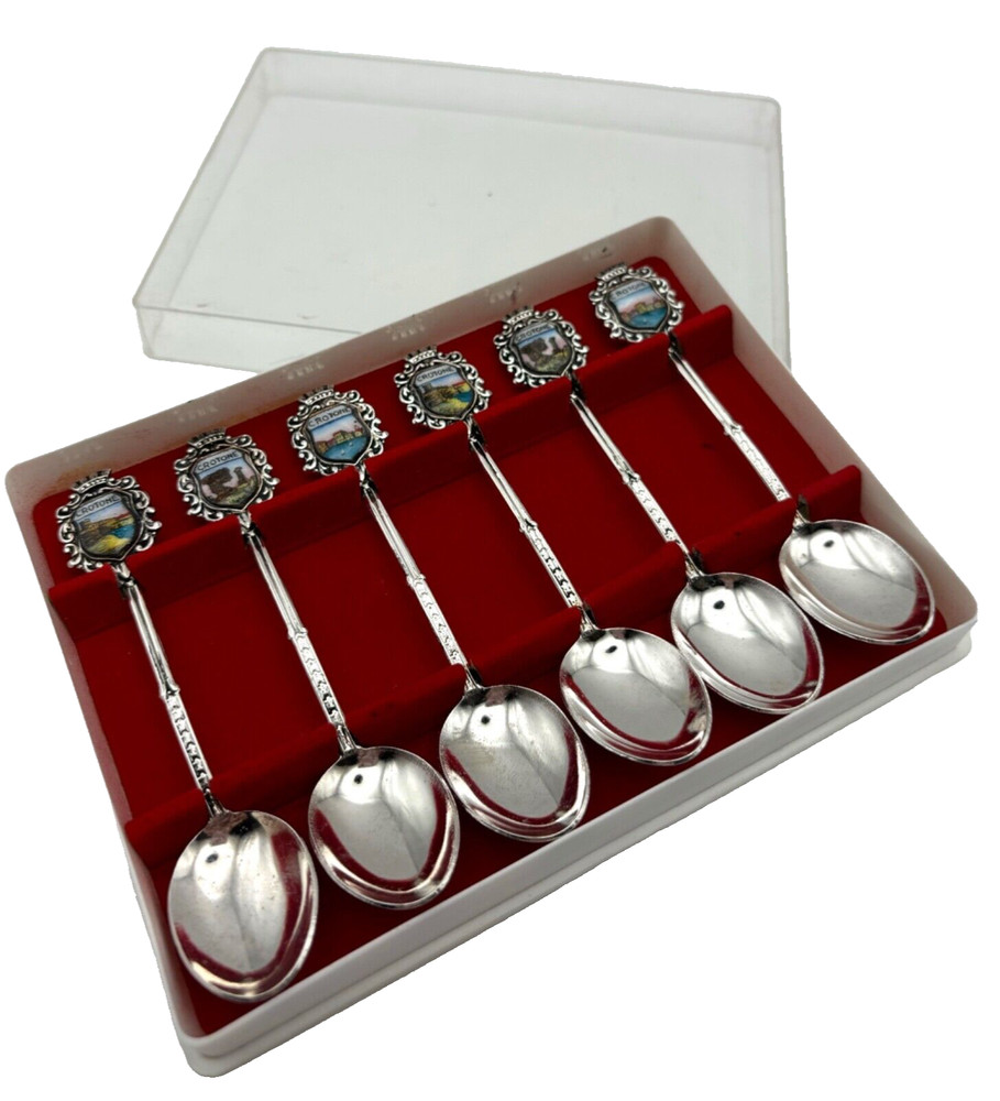 Crotone, Italy Set of 6 Spoons, Vintage Silver-tone Ornate Designed Souvenirs
