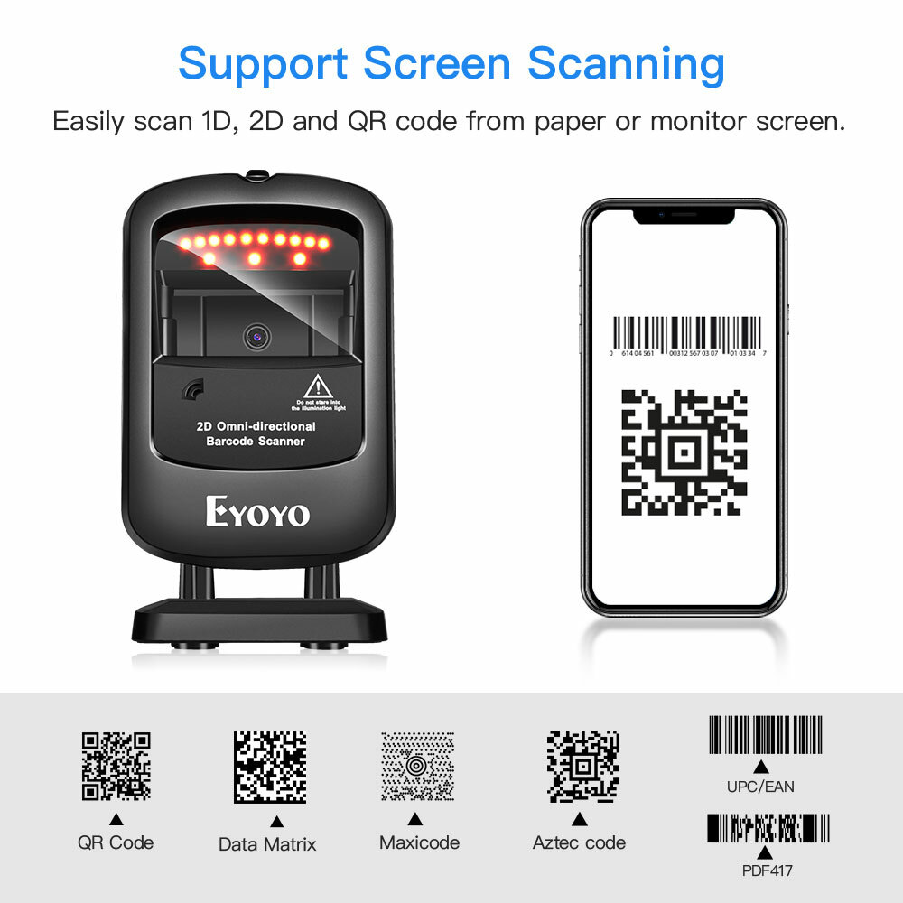Eyoyo 1D 2D Desktop Barcode Scanner Automatic Image Sensing for Library Store