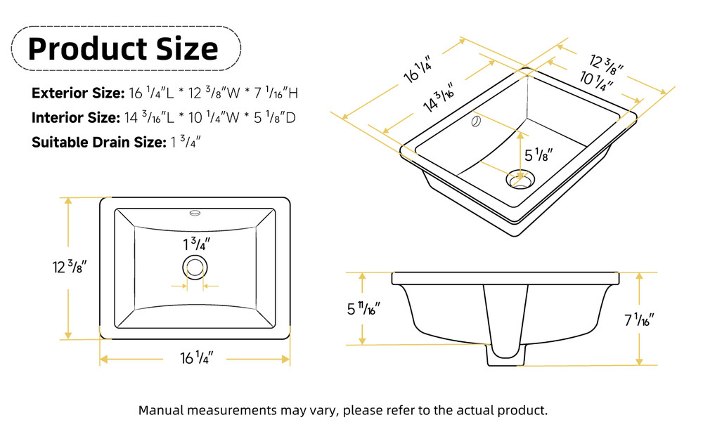 16" x12" Undermount Bathroom Sink Rectangular, White Ceramic With Overflow