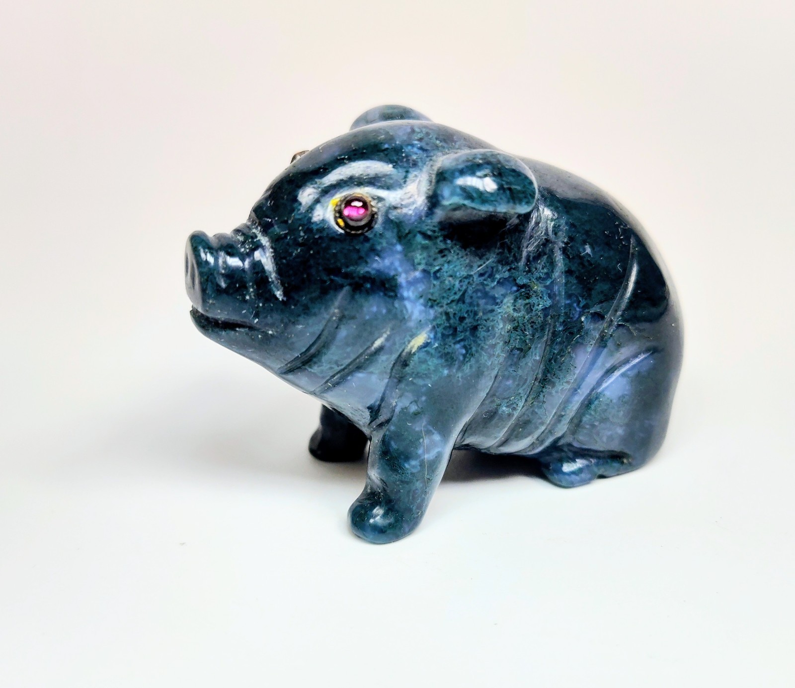Antique 1920s Hand-Carved Blue-Green Aventurine Pig with Bezel-Set Garnet Eyes
