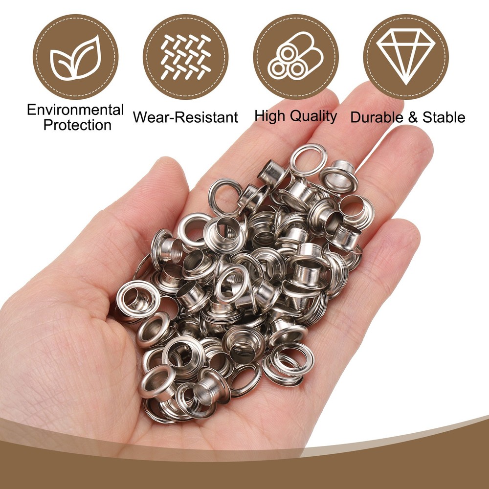 100Set Grommets Eyelets Kit 6mm Brass Eyelets with Washers, Silver