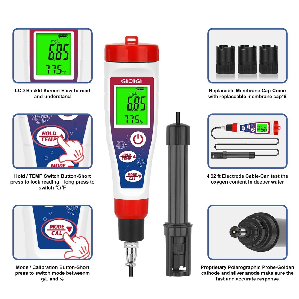GIDIGI Digital Dissolved Oxygen Meter,Dissolved Oxygen Test Kit with 4.92 ft ...