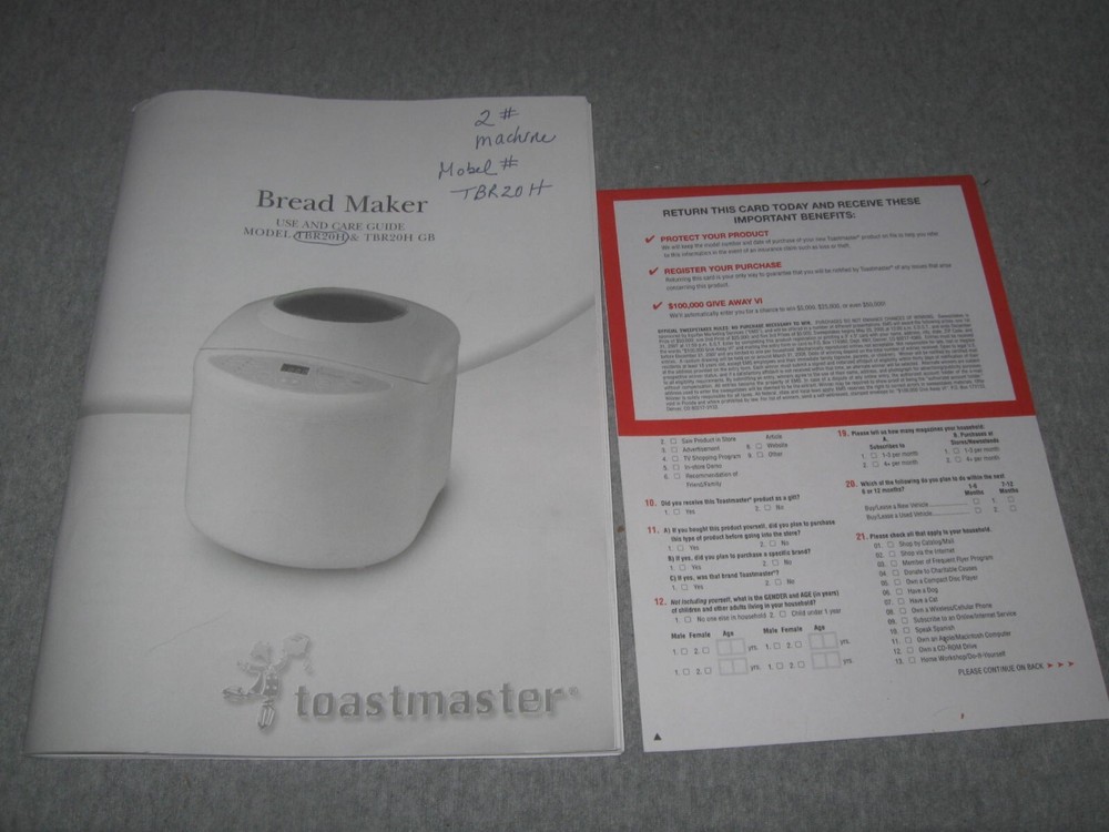TOASTMASTER 2lb Horizontial Bread Maker Machine Model TBR20H Excellent