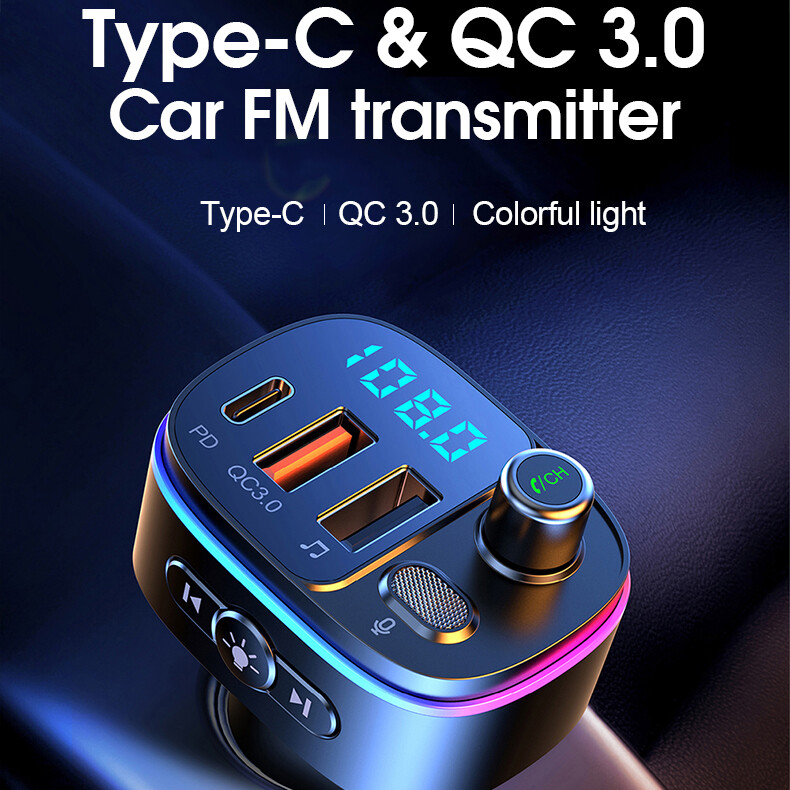 Car Bluetooth FM Transmitter Radio MP3 Adapter Kit USB C Fast Charger hands free