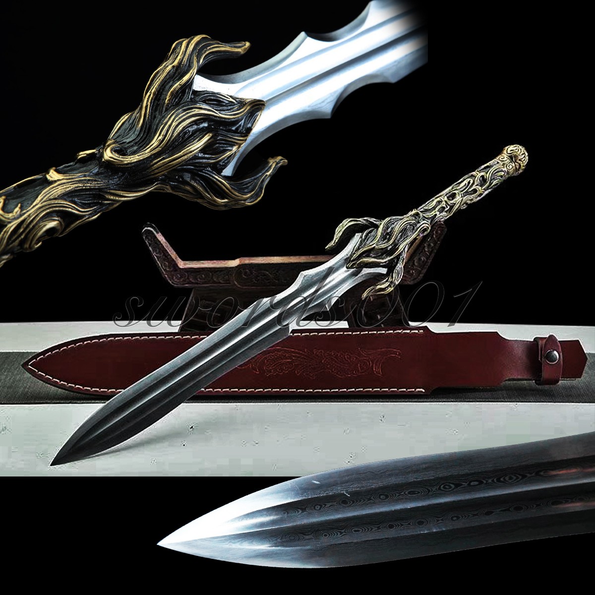 Handmade Exquisite Brass Handle Short Sword Damascus Steel Blade Leather Sheath