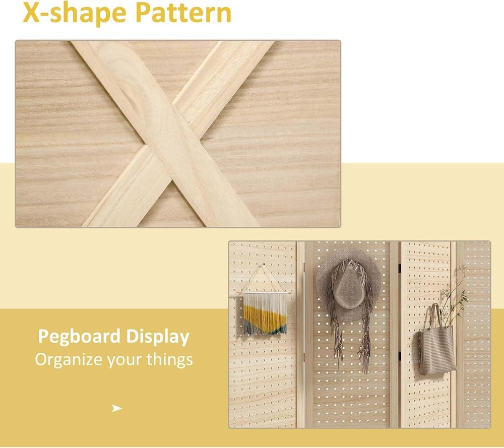 4 Panel Pegboard Display Room Divider 4.7' Tall Wood Folding Privacy Screen