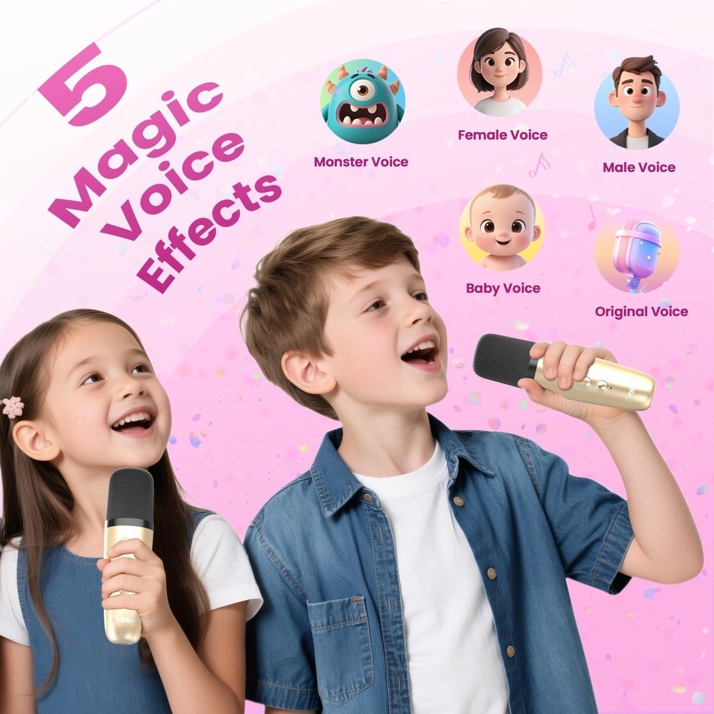 Mini Karaoke Machine, Gold, 2 Wireless Mics, Bluetooth Speaker, Kids, Adults