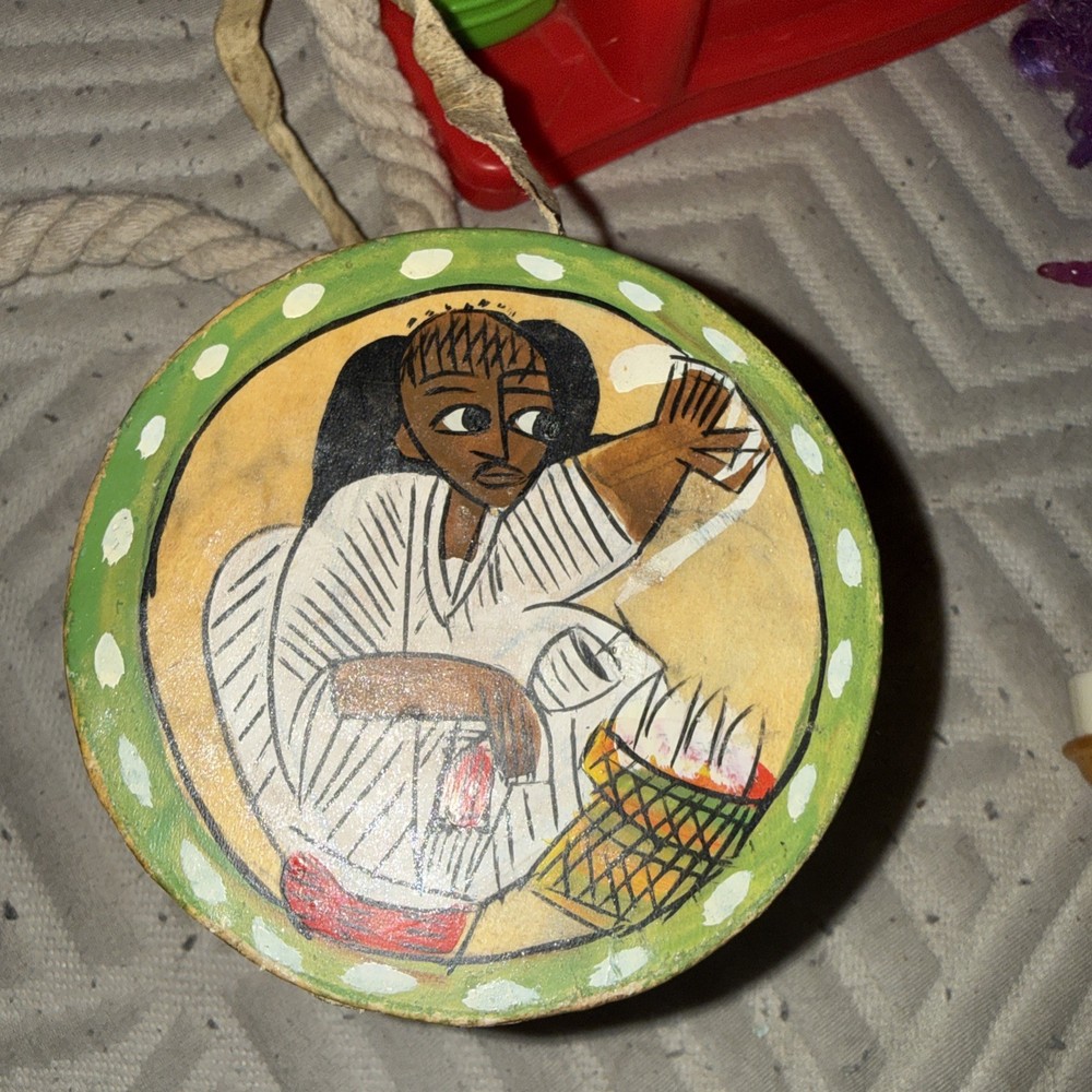 Hand-Painted Ethiopian Frame Drum Leather Wood