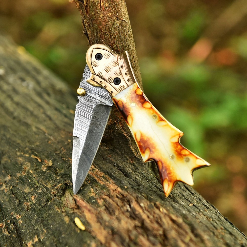 Damascus Folding Double edge Blade Pocket Knife - Dagger - Camel Bone Handle