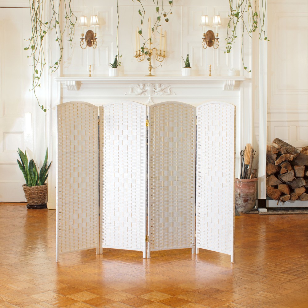 4 ft. Short Diamond Weave Fiber Folding Screen - White - 4 Panel